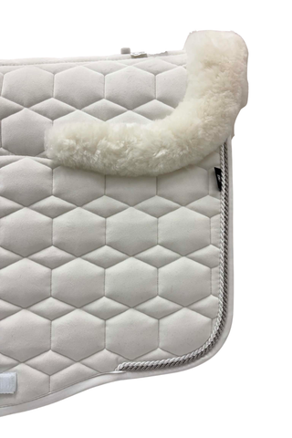 E.A Mattes Eurofit Dressage Saddle Pad White Velvet with White Fleece Trim and Semi Lining