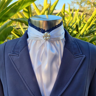 Belle Pre Tied Stock with Lace Frill and Navy Piping and Crystal and Pearl Pn