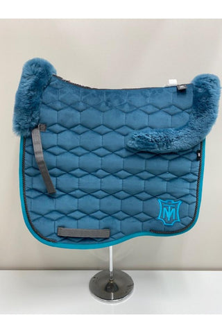 Mattes Eurofit Velvet Dressage Saddle Pad Blue Moon with Teal Sheepskin Trim