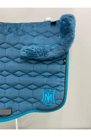 Mattes Eurofit Velvet Dressage Saddle Pad Blue Moon with Teal Sheepskin Trim