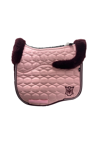 E.A Mattes Eurofit Dressage Saddle Pad Blush Pink Sheen with Blackberry Fleece Trim and Semi Lining