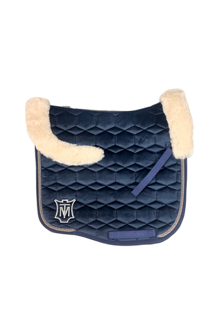 E.A Mattes Eurofit Dressage Saddle Pad Navy Velvet with Linen Fleece Front and Rear Trim
