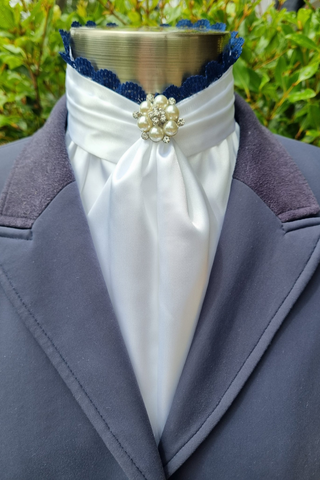 Belle Pre Tied Stock with Navy Lace Frill and Crystal and Pearl Pin