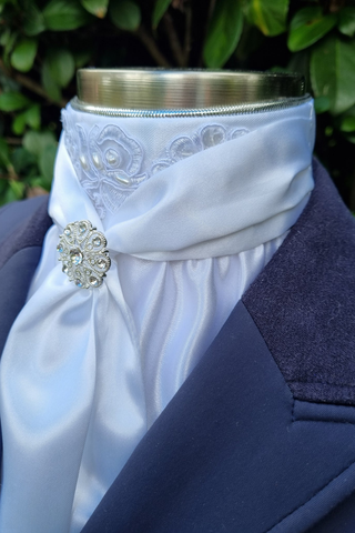 Elle Pre Tied Stock White Satin with Aplique Detail and Crystal Pin