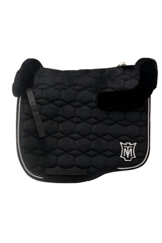 E.A Mattes Eurofit Dressage Saddle Pad Black Velvet with Black Fleece Trim and Silver Piping