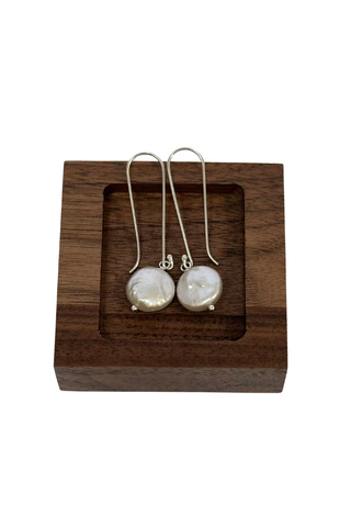 Bella Donna Sterling Silver Long White Coin Pearl Earrings