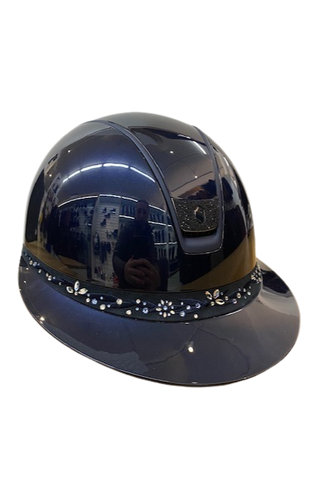 Samshield Miss Shield 2.0 Shadow Glossy Navy with Flower Swarovski Jewelry Frontal Band Matt Blue Trim and Black Crystal Fabric Blazon
