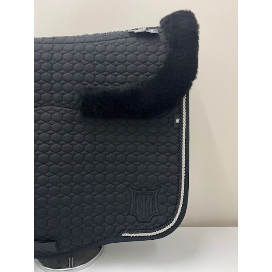 Mattes Dressage Saddle Pad Black with Black Sheepskin Lining and Trim Silver/Black Piping