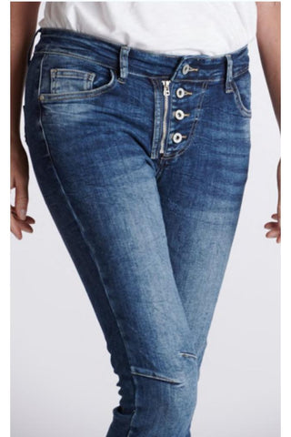 Italian Star Button Jeans with Zip Pocket Dark Wash Denim