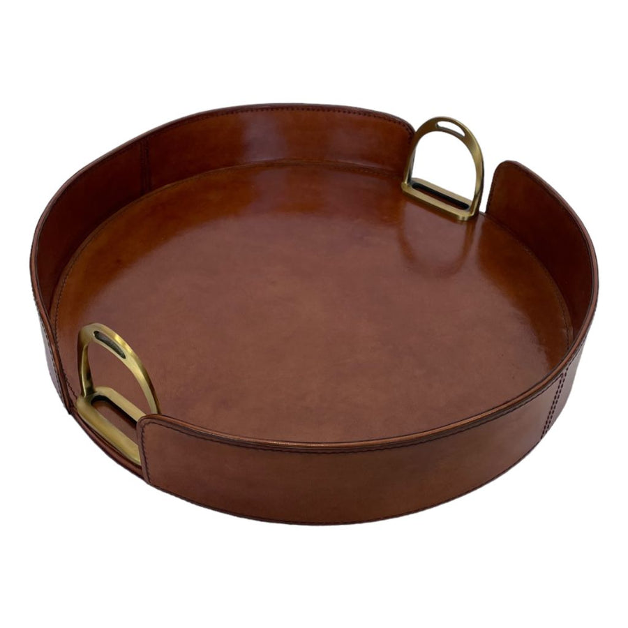 Round Leather Tray with Brass Stirrup Detail