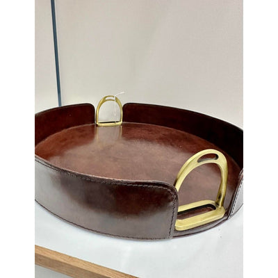 Round Leather Tray with Brass Stirrup Detail