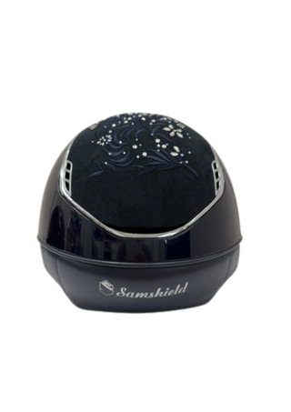 Samshield Miss Shield 2.0 Shadow Glossy Helmet Navy with Flower Swarovski Jewelry Top and Alcantara Frontal Band