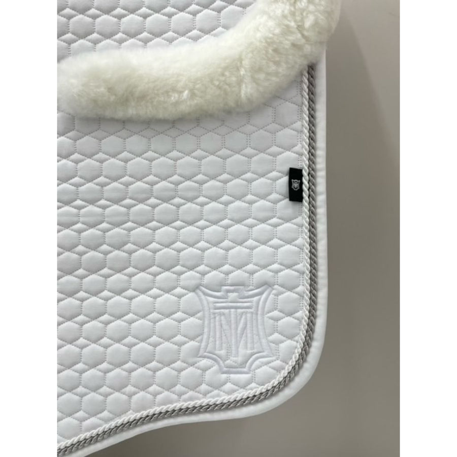 Mattes Dressage Saddle Pad White with Sheepskin trim and White/Silver Piping FULL