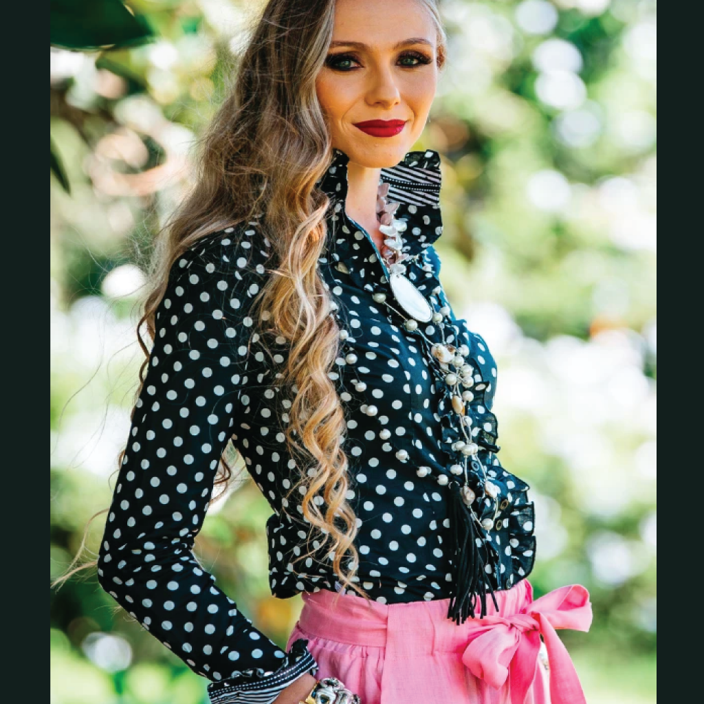 Hitchley and Harrow Ladies Fitted Ruffle Shirt BLACK WHITE SPOTS