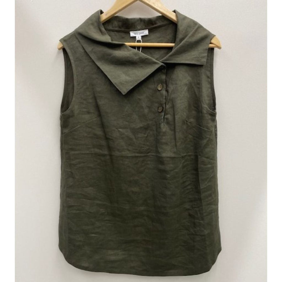 See Saw Linen Cowl Collared Sleeveless Shirt